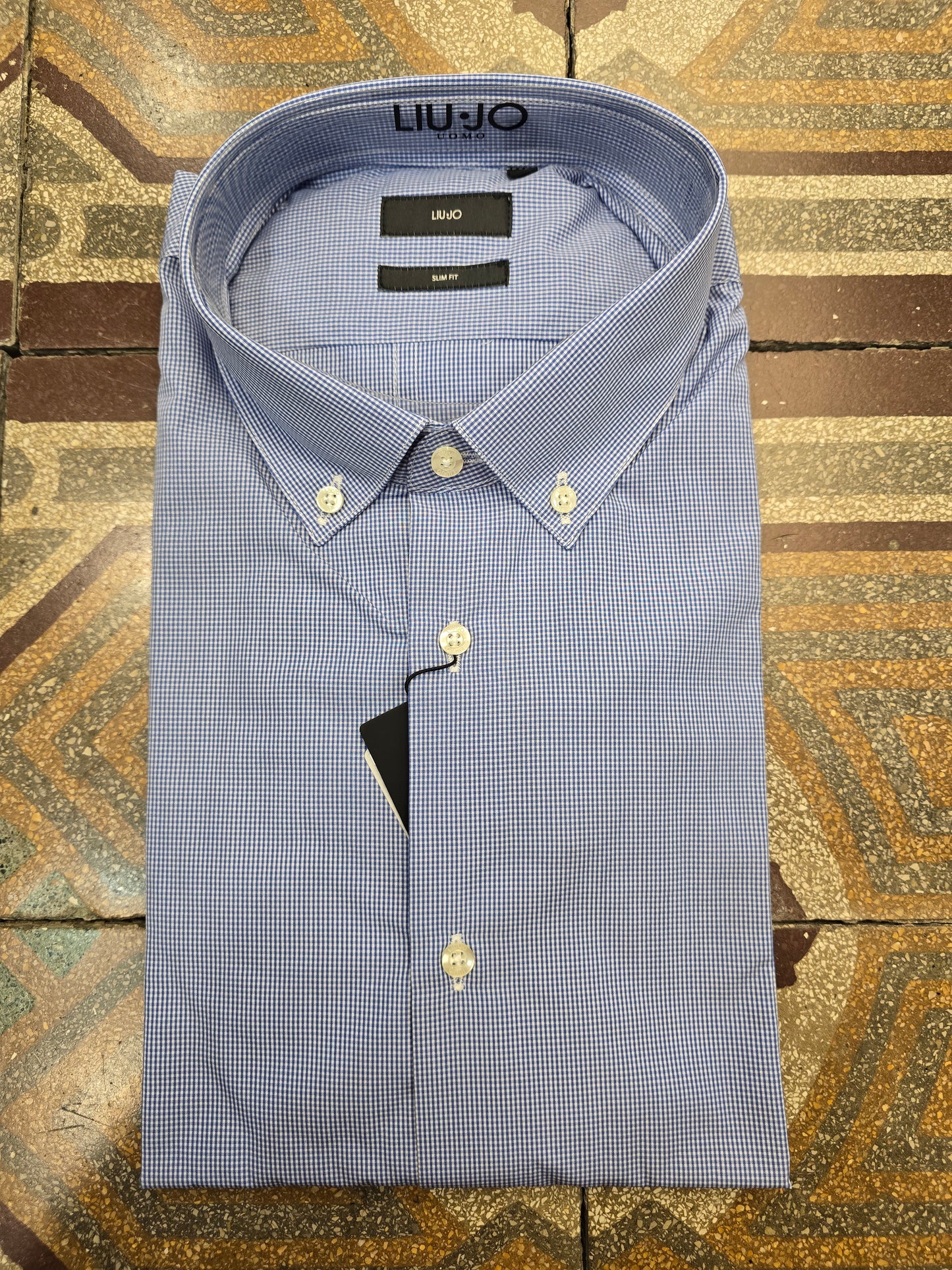 Camicia Cotone Microquadretto Button Down Slim Fit Celeste