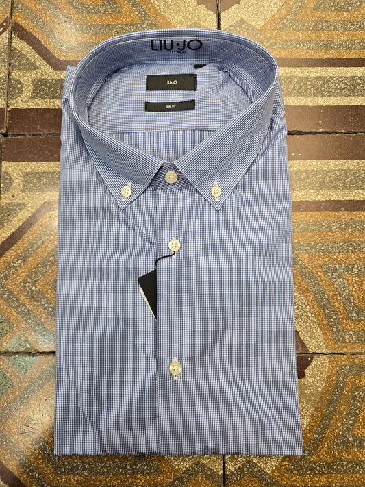 Camicia Cotone Microquadretto Button Down Slim Fit Celeste