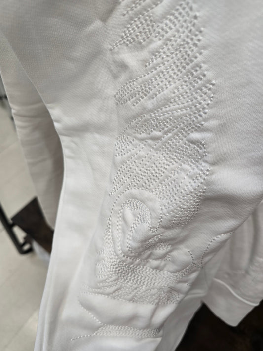 Felpa Paricollo Cotone Garzato Bianco Ricamata Tono Tono Taglia L