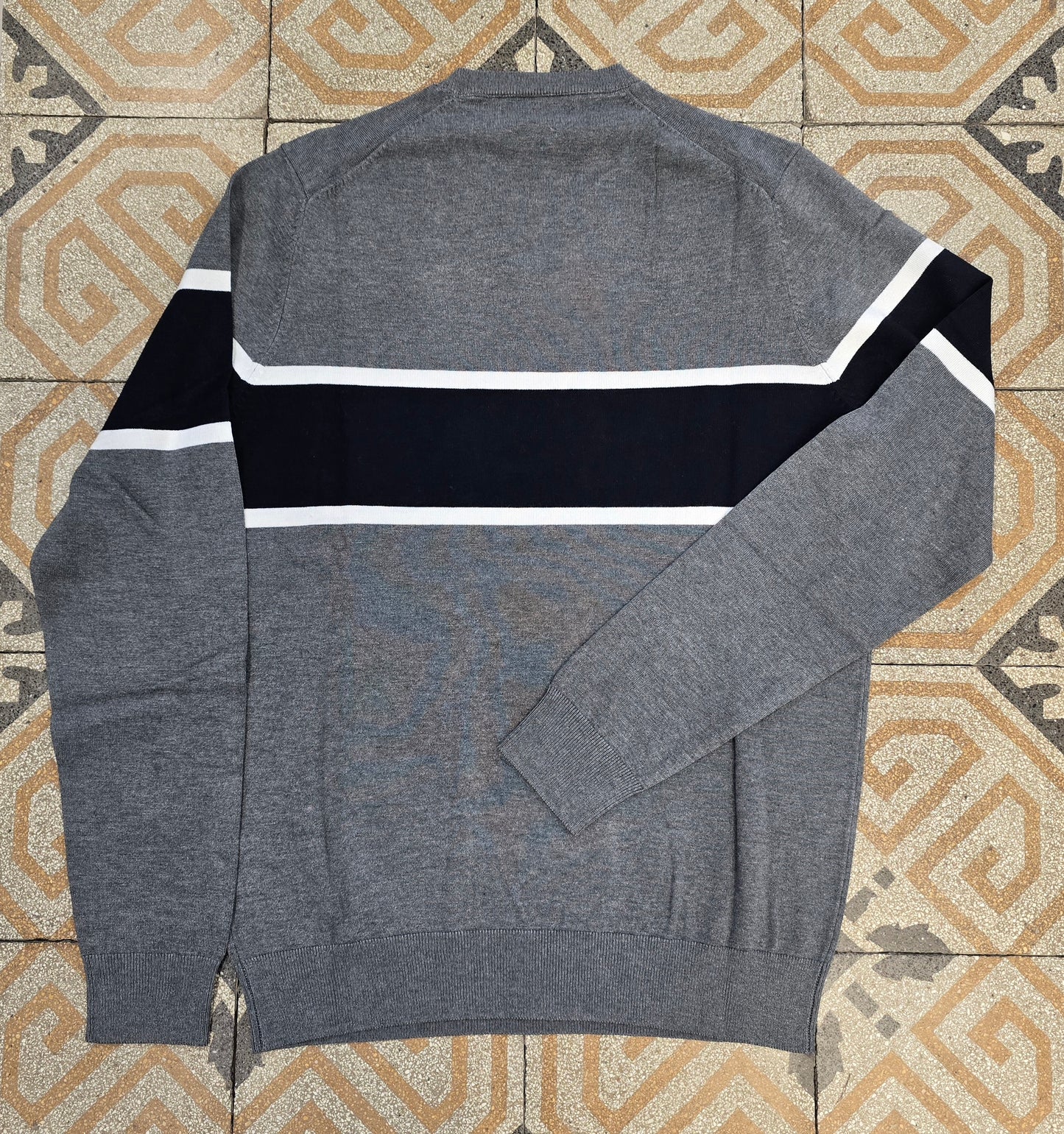 Maglia Paricollo Viscosa Riga Orizzontale Grigio Blu