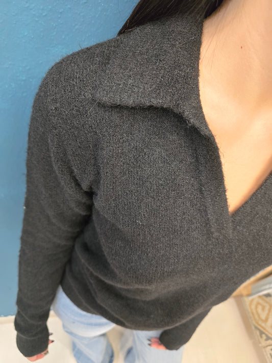 Maglia Colletto Scollo V Misto Lana Nero