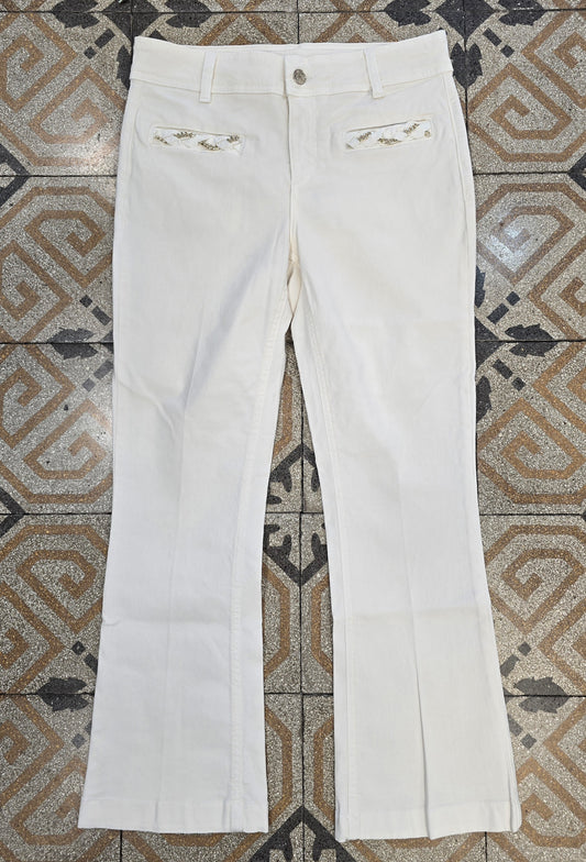 Jeans Elasticizzato Avorio Rifiniture Catene Dorate Tasche Zampetta Taglia 42