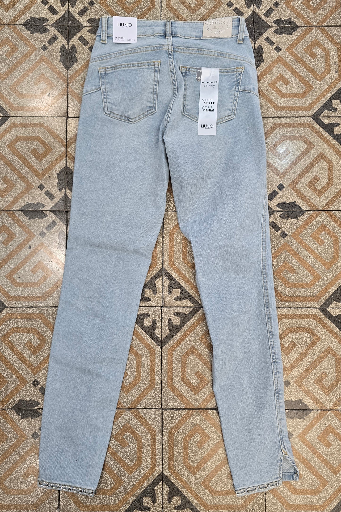 Jeans Elasticizzato Skinny Celeste Chiaro Strass Orlo Taglia 40