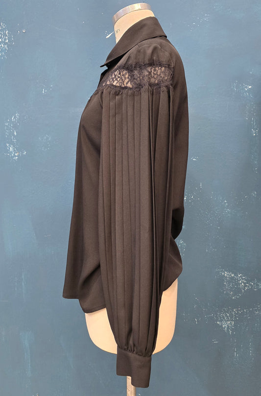 Camicia Inserti Pizzo Maniche Plissè Nero Colletto Taglia 42