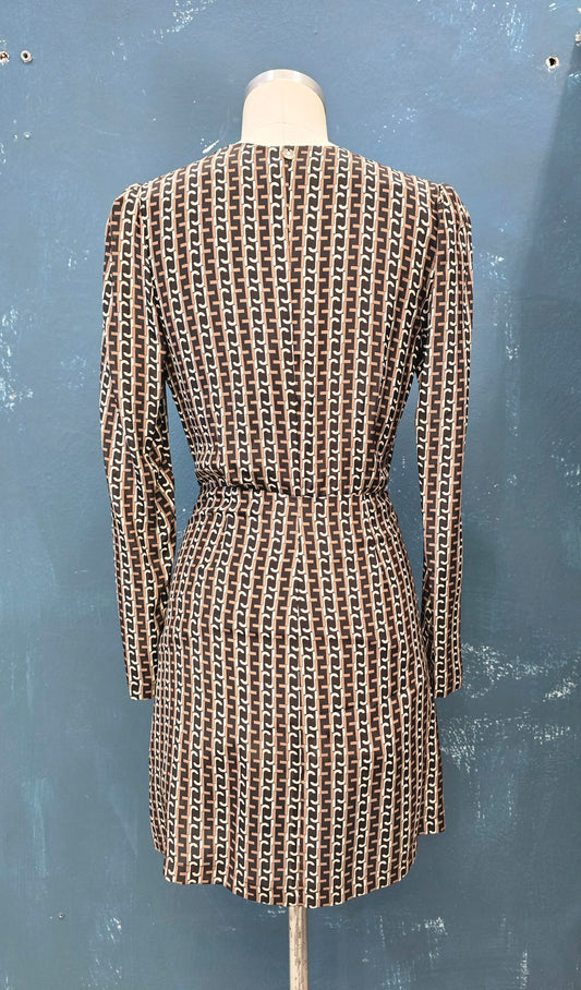 Abito Pura Seta Fantasia Scollo V Tagliato Sotto Seno Nero Marrone Bianco Taglia 42