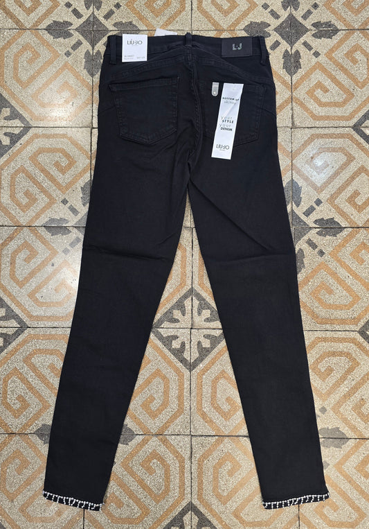 Jeans Elasticizzato Skinny Nero Strass Applicati Orlo Taglia 27