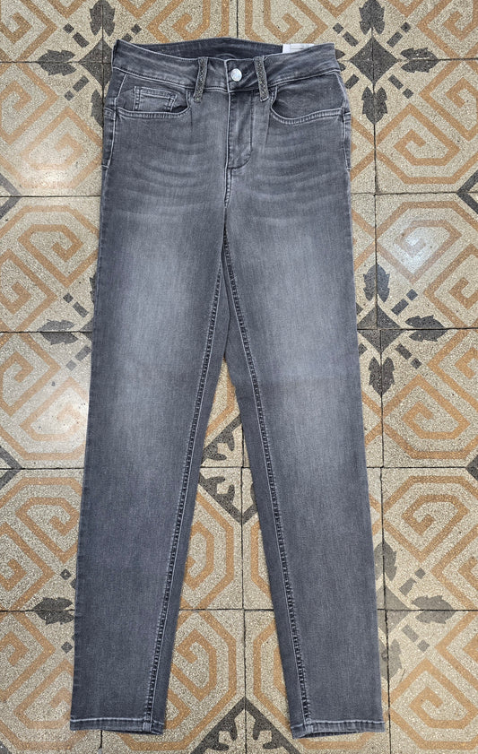 Jeans Skinny Denim Elasticizzato Grigio Medio Passanti Strass Taglia 40
