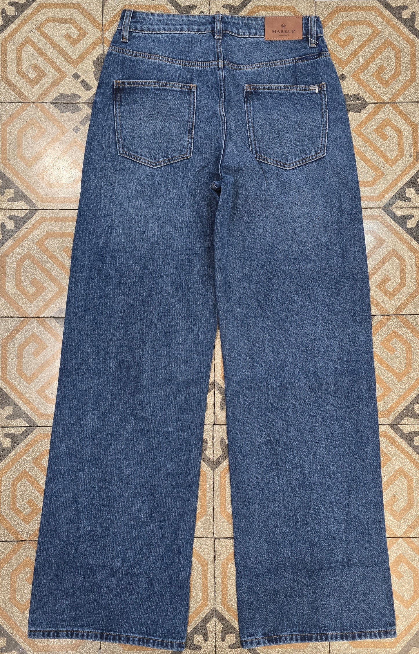 Jeans Tessuto Fermo Gamba Larga Blu Medio