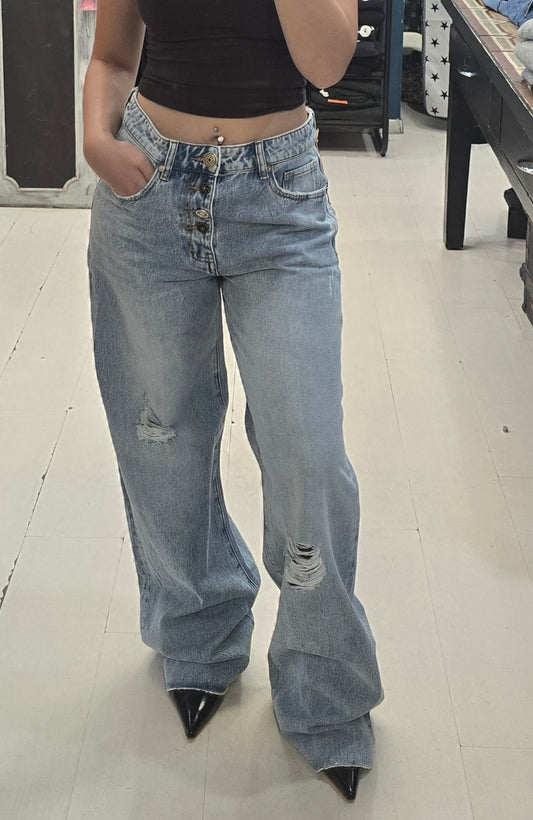 Jeans Tessuto Fermo Wide Leg Strappetti Bottoni Gioiello Celeste