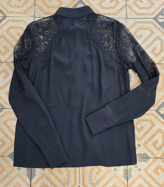 Camicia Inserti Pizzo Spalle Nero Colletto Taglia 42