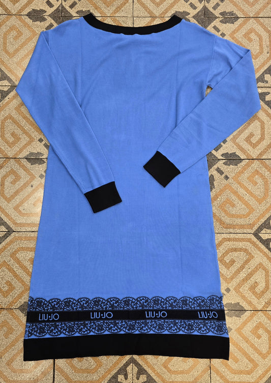 Abito Maglia Viscosa Rasata Scollo Barca Azzurro Greche Nere Taglia 42