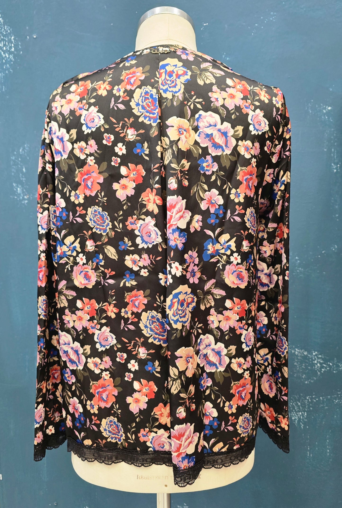 Blusa Raso Fantasia Floreale Rifinita Pizzo Orlo Taglia 42