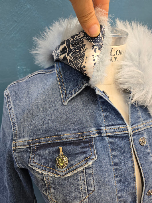 Giubbotto Jeans Trapuntato Colletto Pelliccia Removibile Blu Medio Taglia 42