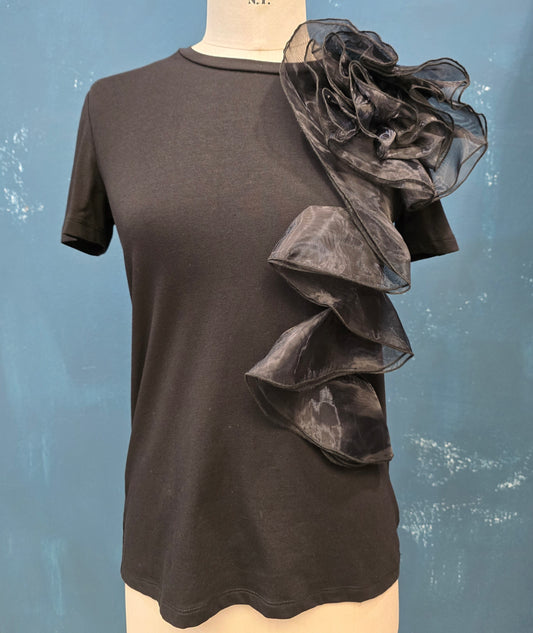 T-Shirt Paricollo Fiore Tulle Nero Taglia 42