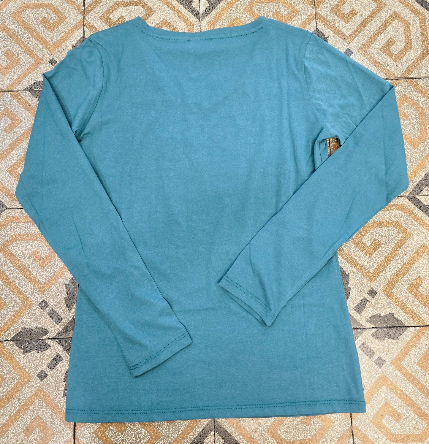 T-Shirt Manica Lunga Cotone Scollo V Strass Turchese Taglia 42