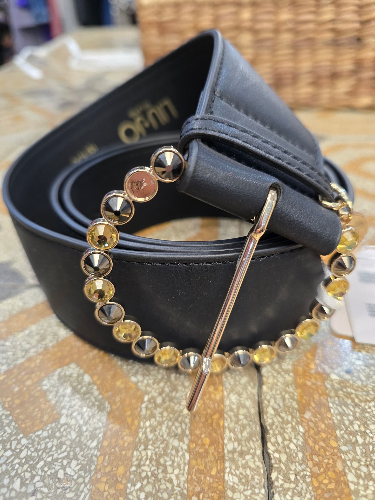 Cintura Ecopelle Fibbia Strass Nero Gold