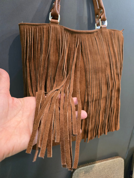 Borsa Pelle Martellata Manico Tracolla Frangione Scamosciata