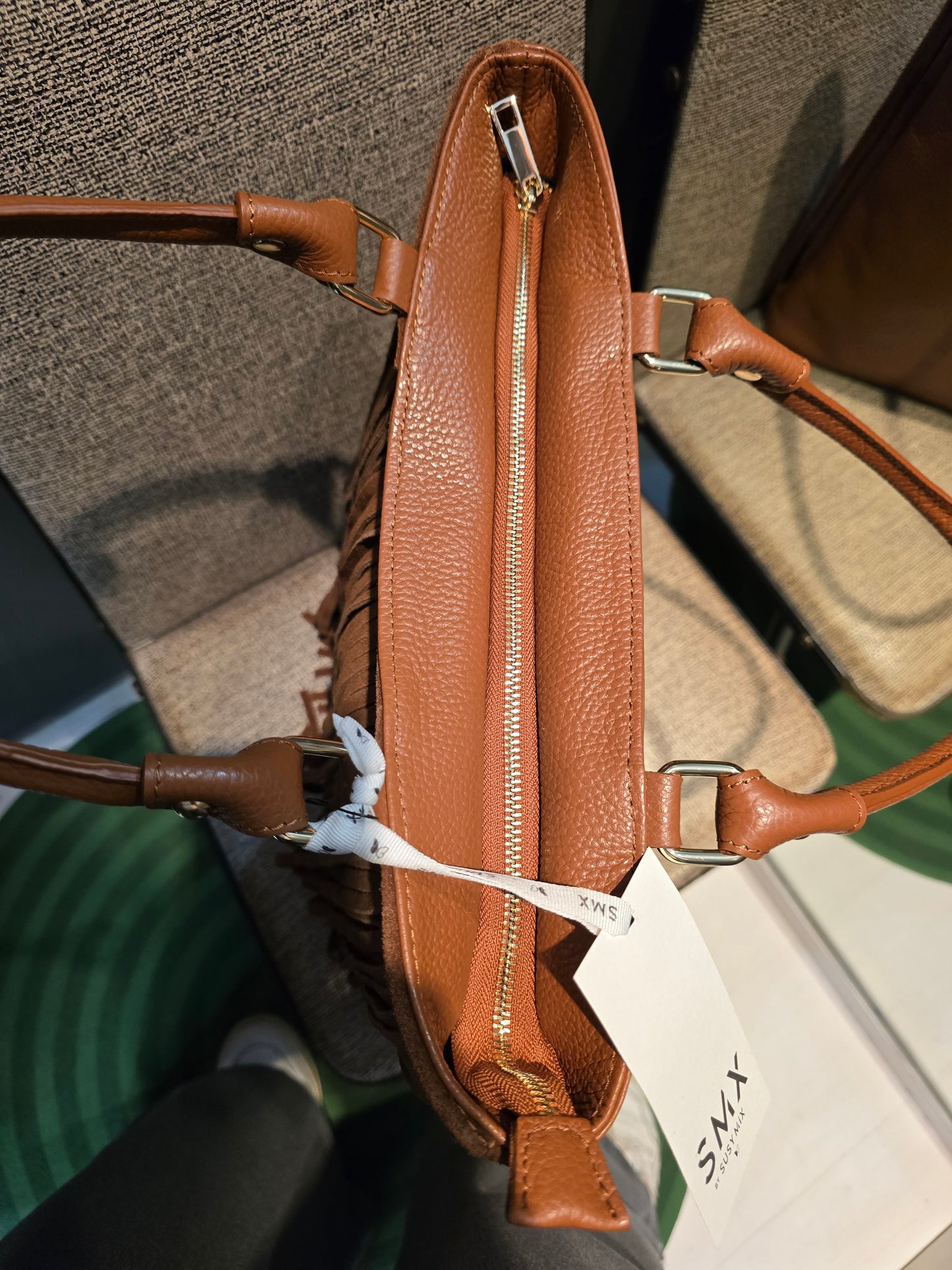 Borsa Pelle Martellata Manico Tracolla Frangione Scamosciata