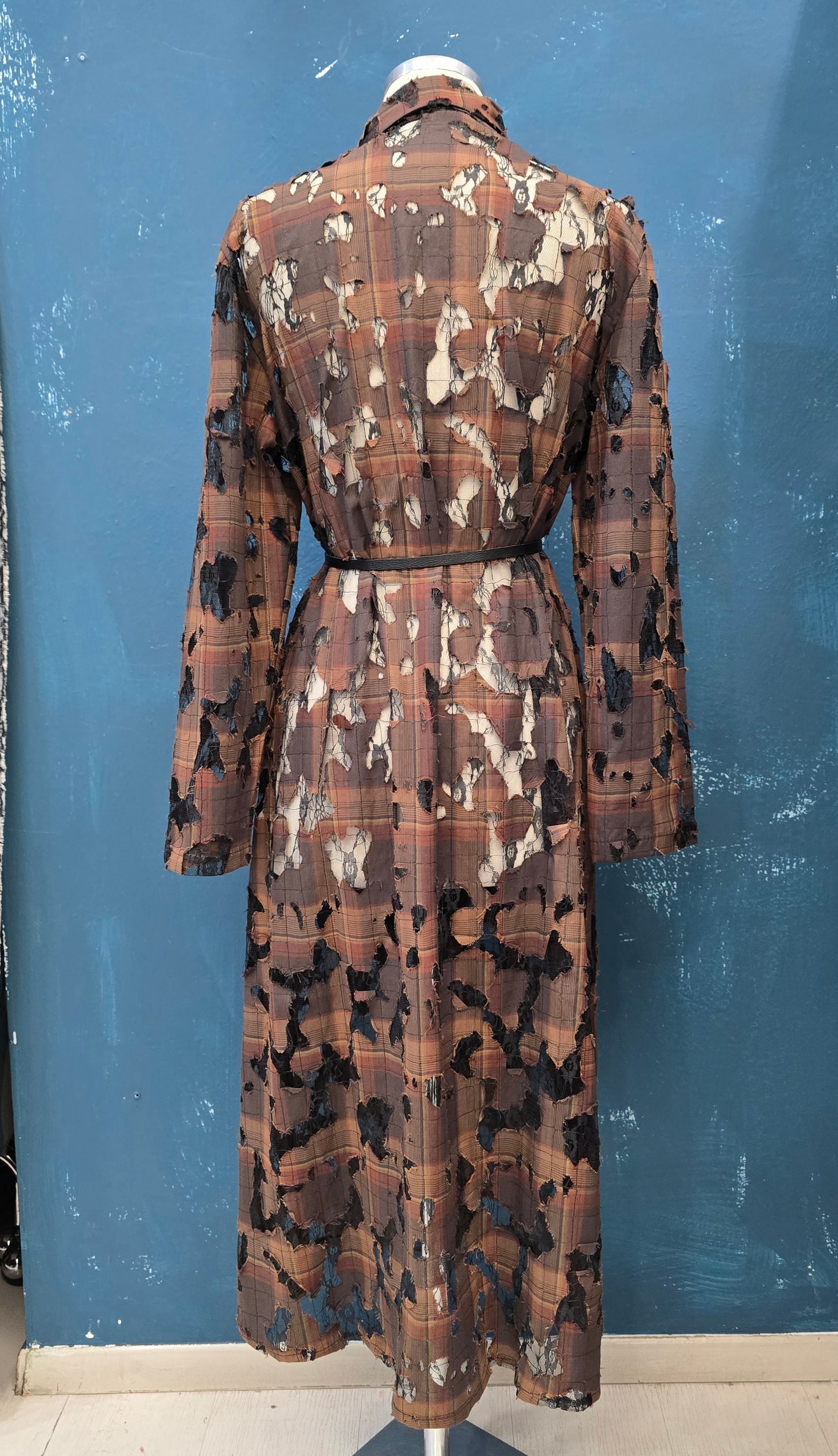 Abito Lungo Chemisier Check Pizzo Marrone Tabacco