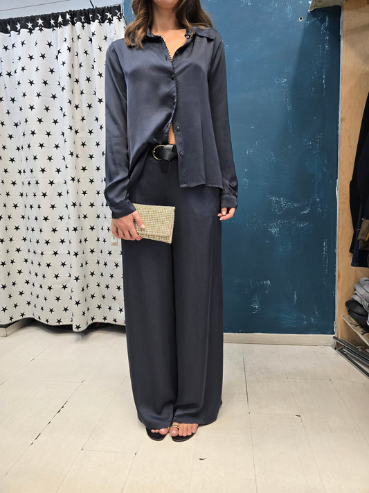 Pantalone Raso Palazzo Elastico Cinturino Blu S