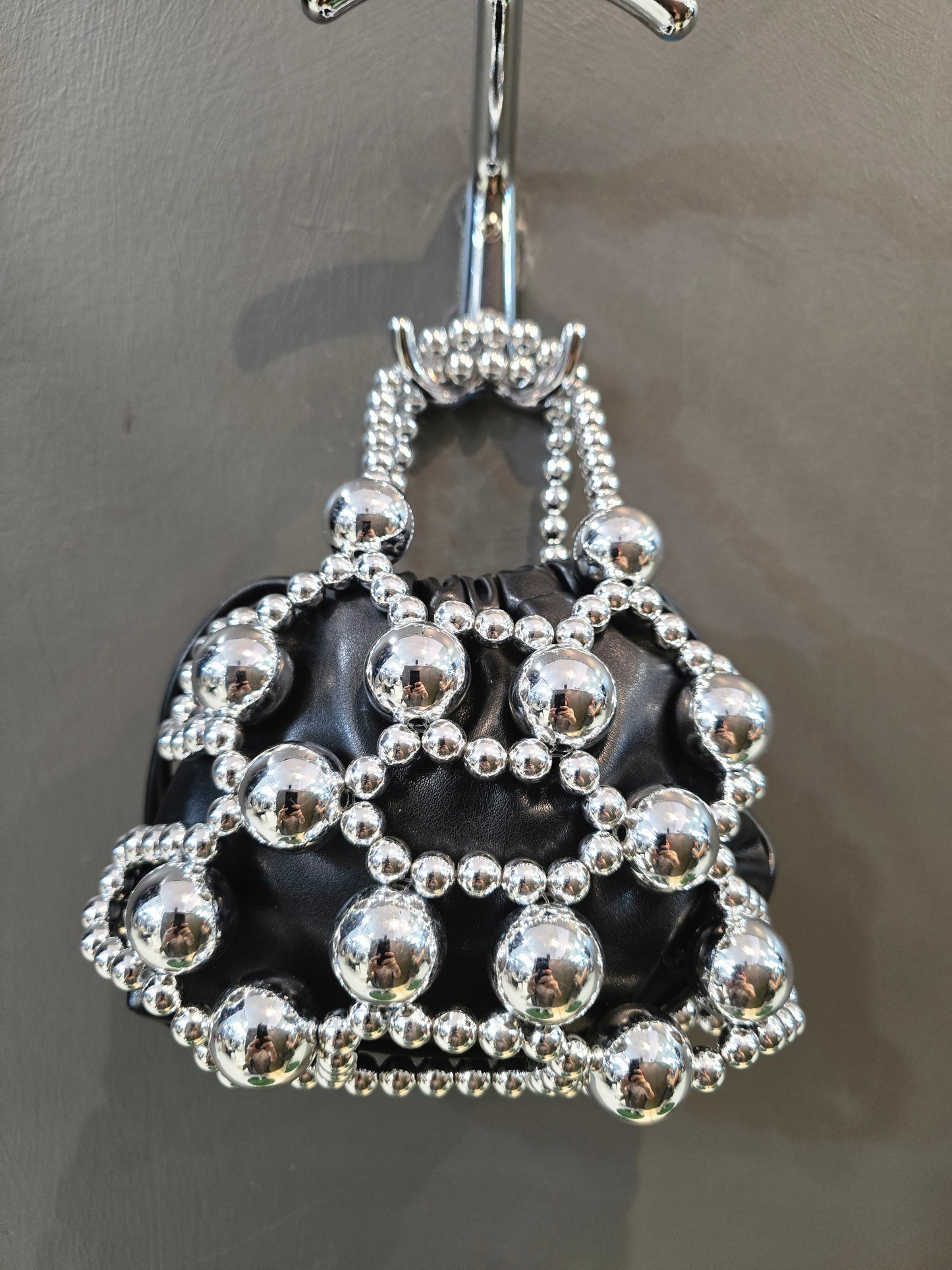 Borsa Mini Ecopelle Sacchettino Perle Argentate