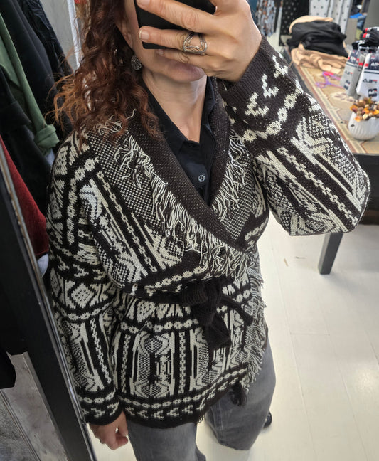 Cardigan Maglia Sfrangiato Geometrico Avorio Marrone