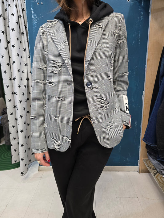 Giacca Doppio Tessuto Punto Milano Check Sfrangiature