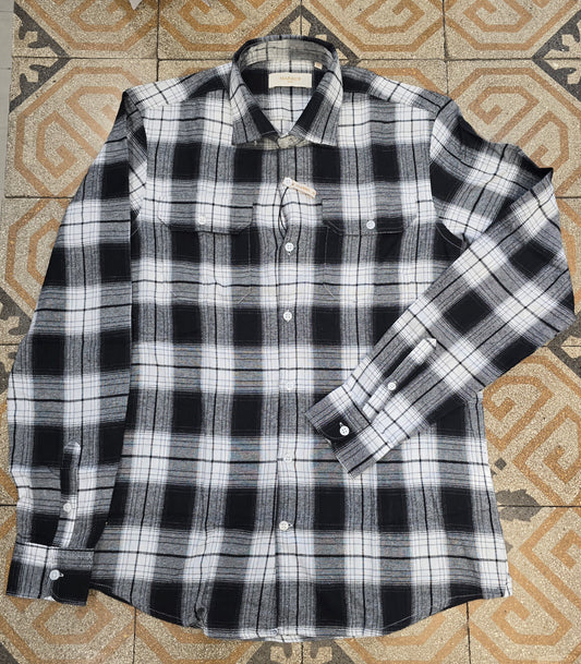 Camicia Quadrettoni Flanella Cotone Tasche Bianco Nero