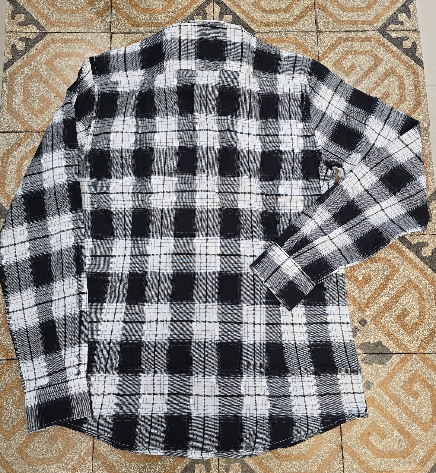 Camicia Quadrettoni Flanella Cotone Tasche Bianco Nero