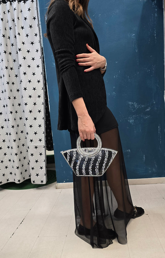 Borsa Mini Ecopelle Ventaglio Manico Strass Pietre Perle