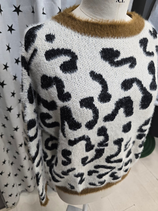 Maglia Fantasia Bianco Nero Bordature Cammello