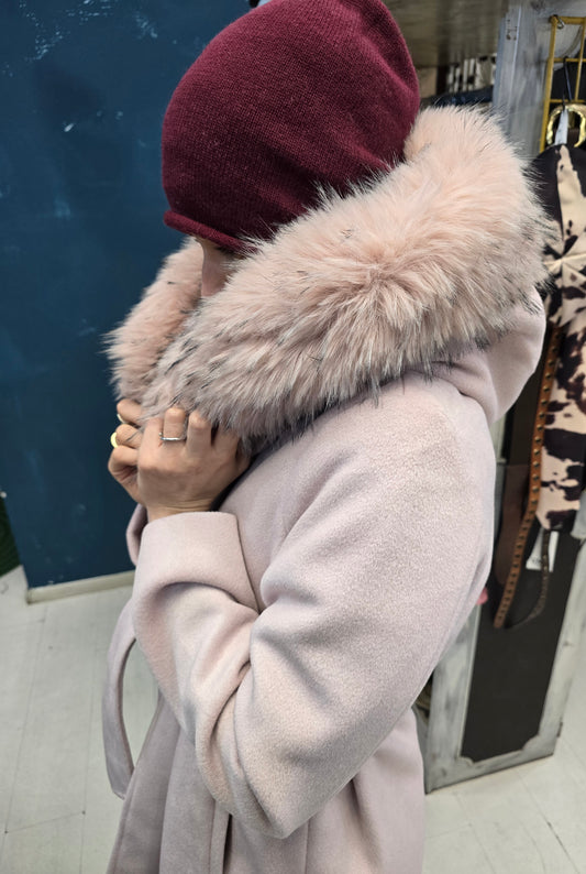 Cappotto 3/4 Allacciato Vita Cappuccio Pelliccia Rosa