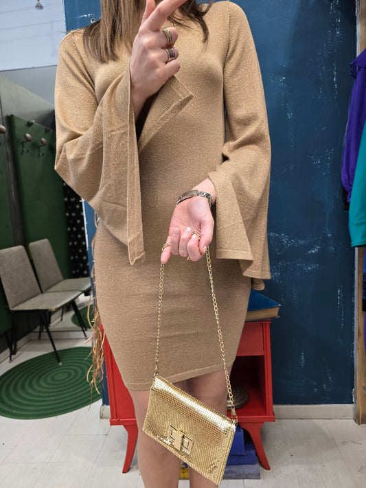 Abito Maglia Lurex Rasata Aderente Manica Trapezio Scollatura Dietro Oro Ginocchio Taglia 42