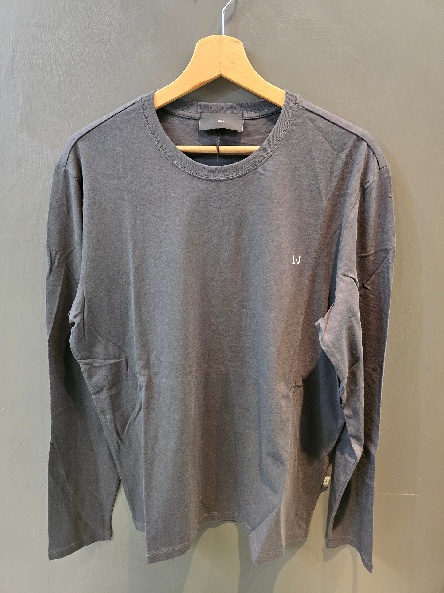 T-Shirt Cotone Paricollo Manica Lunga Grigio Piccolo Logo Davanti