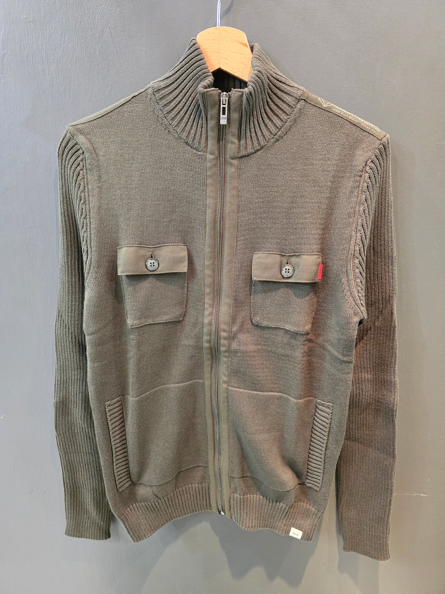 Cardigan Aperto Zip Tasche Davanti Grigio Marrone Beige