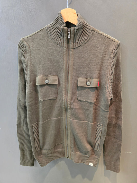 Cardigan Aperto Zip Tasche Davanti Grigio Marrone Beige