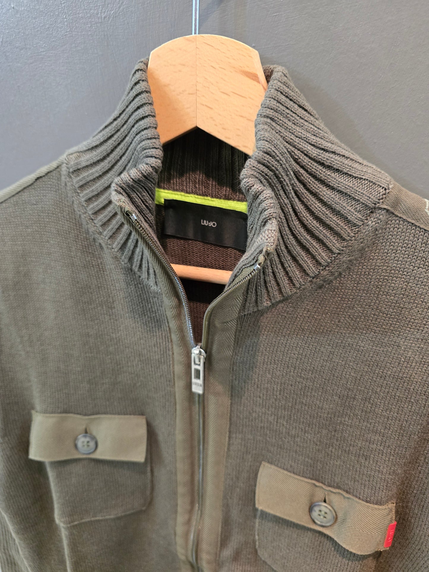 Cardigan Aperto Zip Tasche Davanti Grigio Marrone Beige