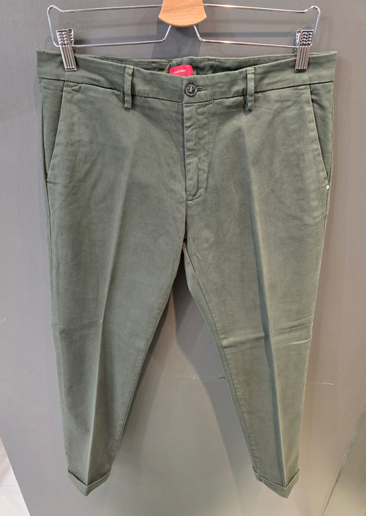 Pantalone Canvas Cotone Chinos Tasche Filetto Dietro Verde Militare