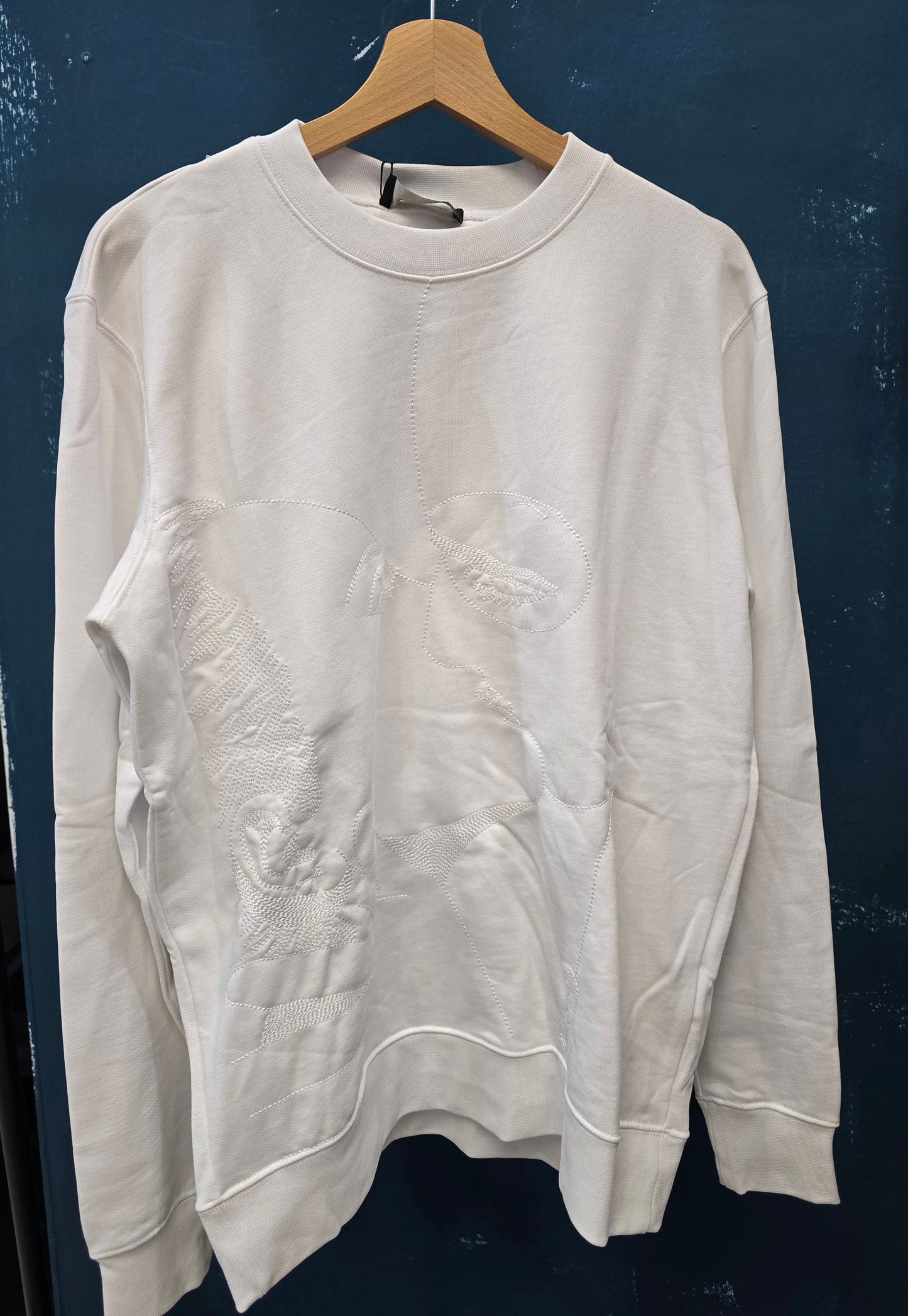 Felpa Paricollo Cotone Garzato Bianco Ricamata Tono Tono Taglia L