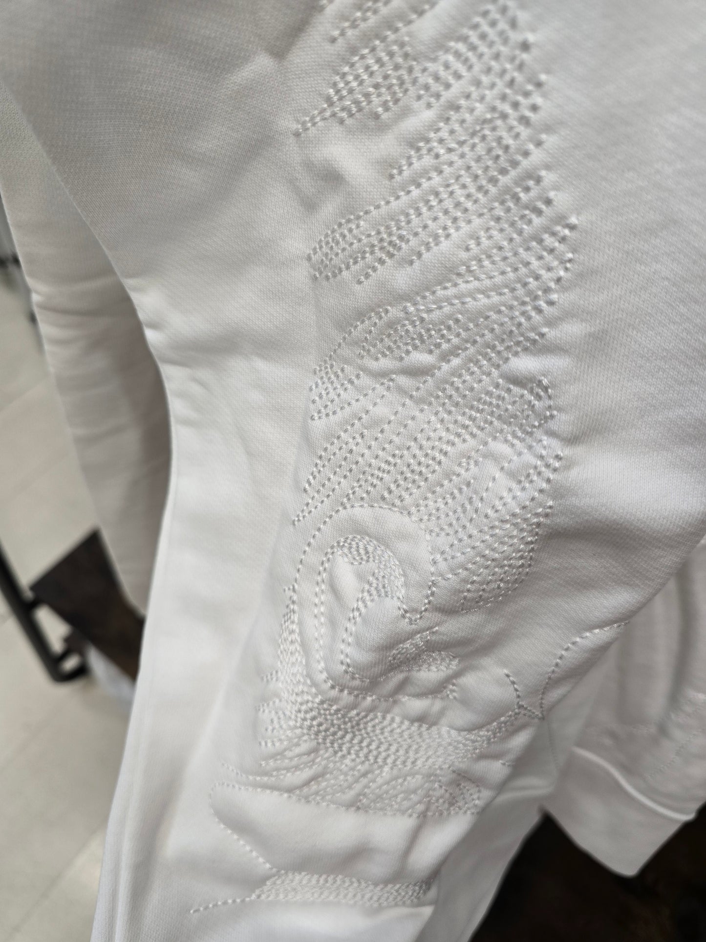 Felpa Paricollo Cotone Garzato Bianco Ricamata Tono Tono Taglia L