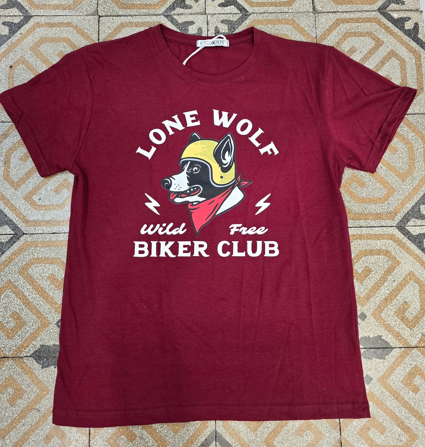 T-Shirt Paricollo Stampata Wolf Animalier Cotone