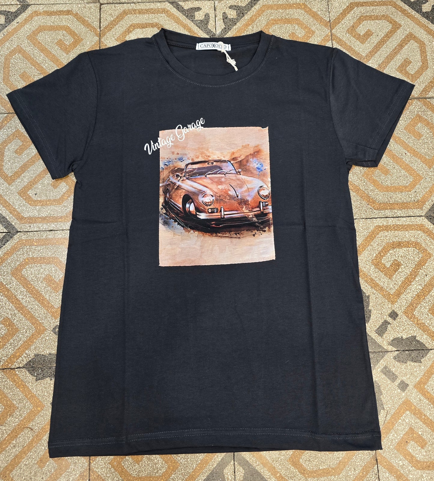 T-Shirt Paricollo Cotone Stampa Davanti Car Nero