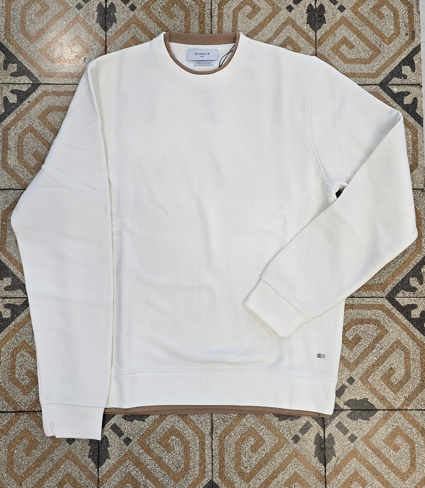 Felpa Cotone Felpato Paricollo Inserti Contrasto Collo Cinturino Avorio