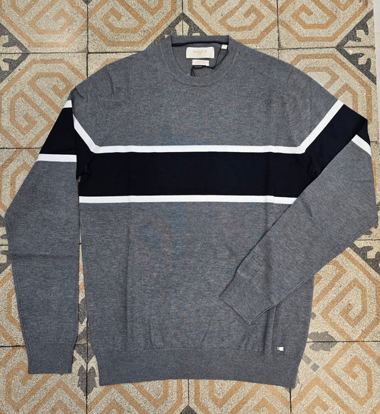 Maglia Paricollo Viscosa Riga Orizzontale Grigio Blu