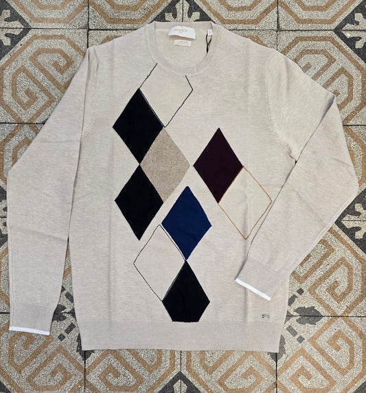 Maglia Paricollo Viscosa Fantasia Rombi Colorati Base Beige