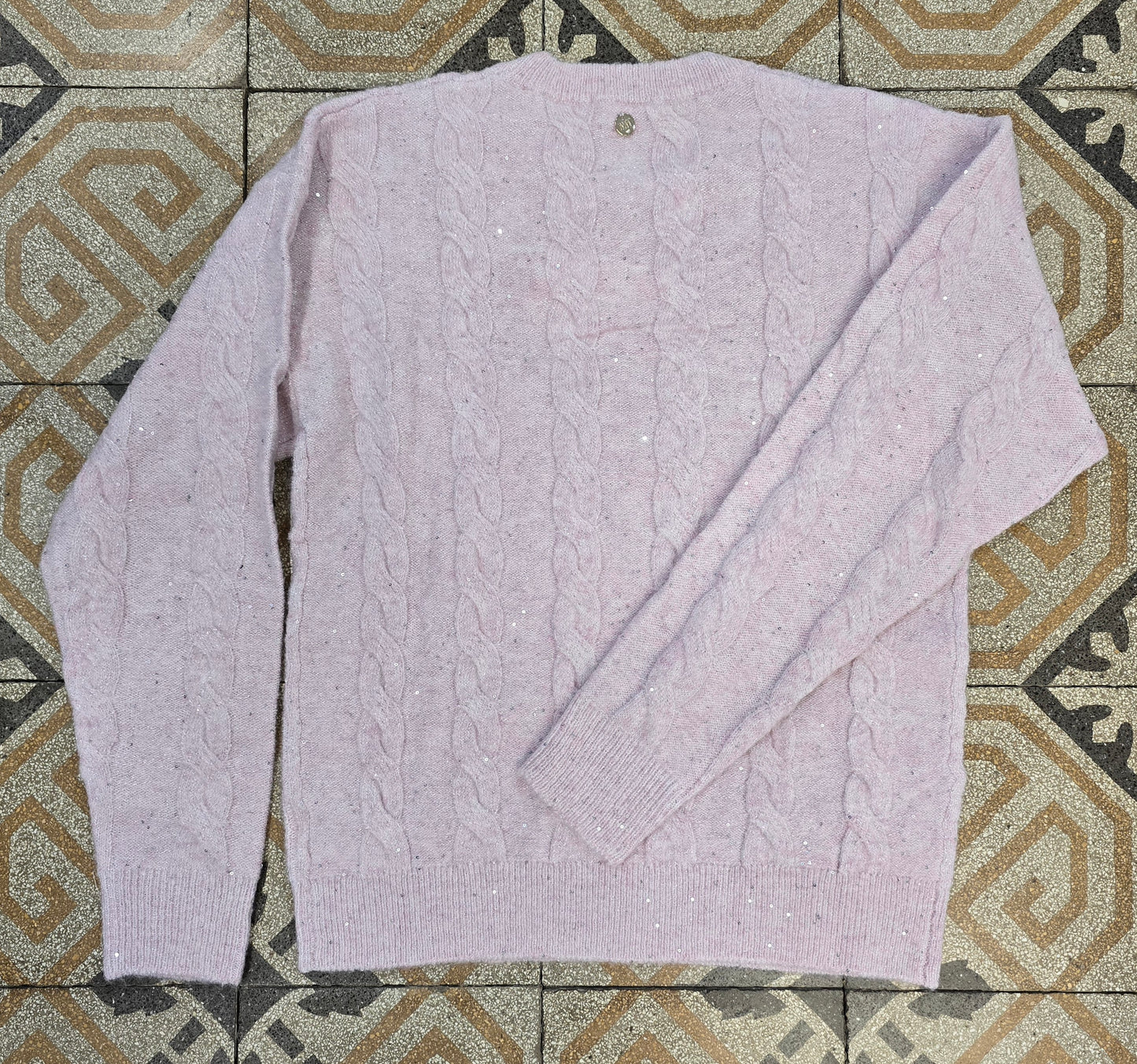 Maglia Filo Paillettes Paricollo Trecce Rosa Chiaro