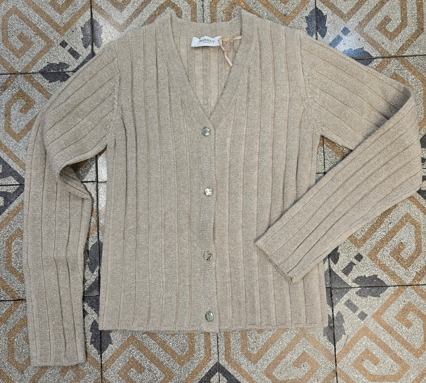 Cardigan Coste Larghe Abbottonato Scollo V Filo Lurex