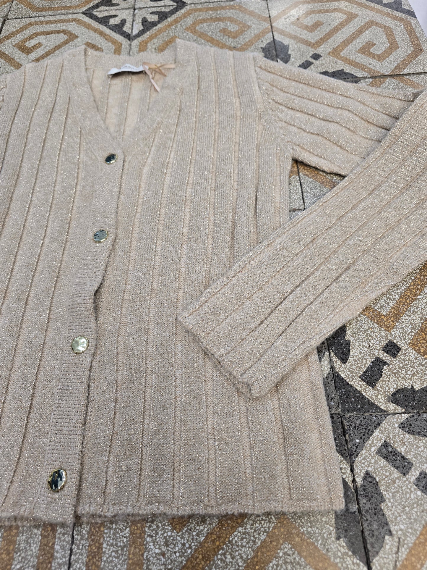 Cardigan Coste Larghe Abbottonato Scollo V Filo Lurex