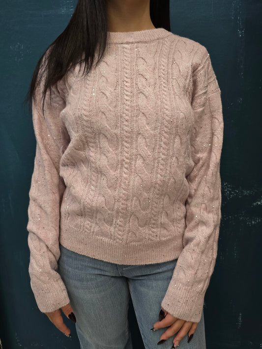 Maglia Filo Paillettes Paricollo Trecce Rosa Chiaro