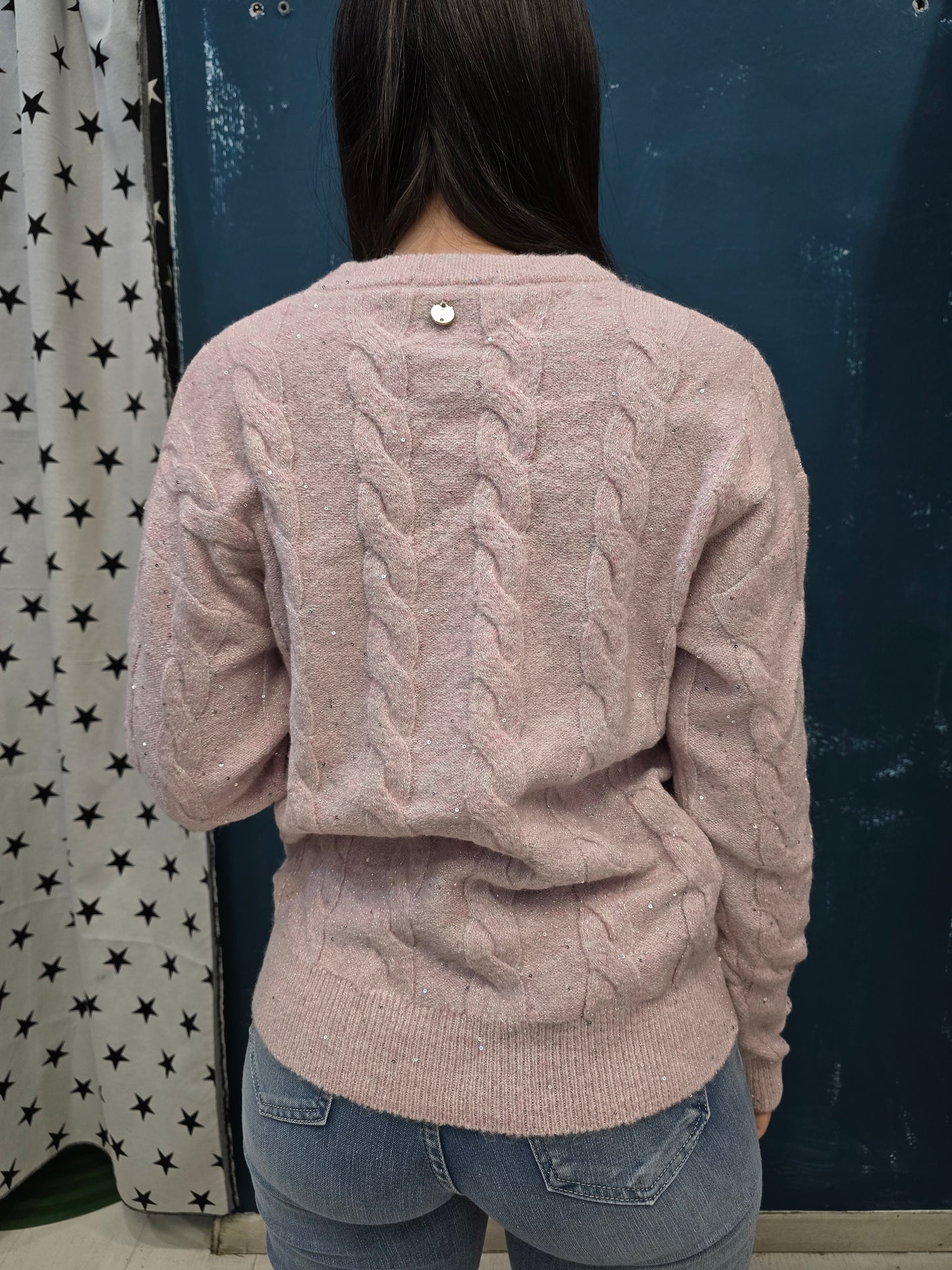 Maglia Filo Paillettes Paricollo Trecce Rosa Chiaro
